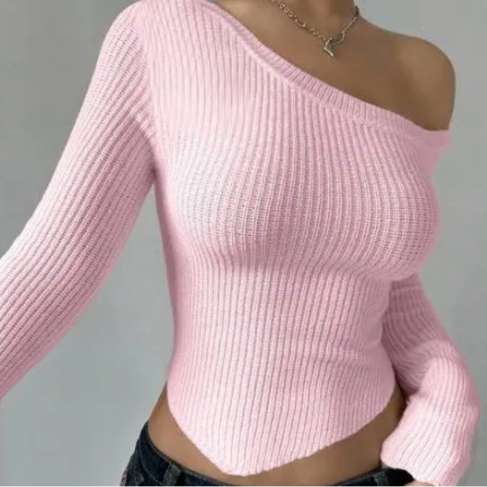Pink Ribbed Off-Shoulder Sweater